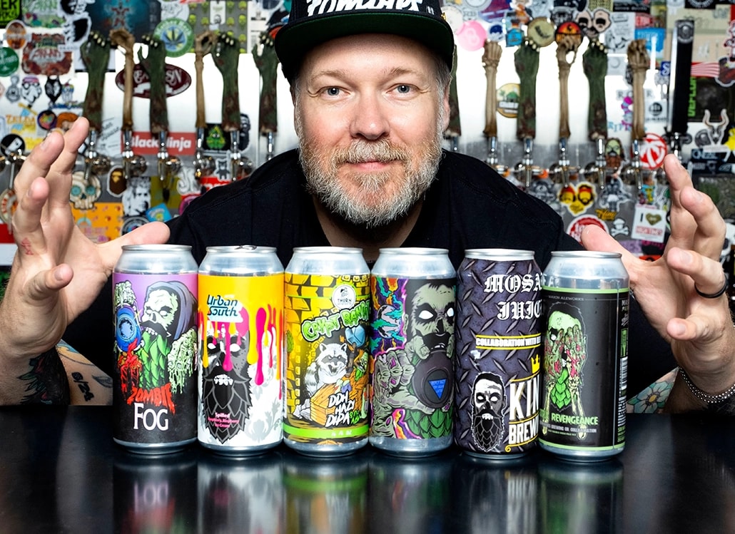 A sticker-covered Beer Zombies keg