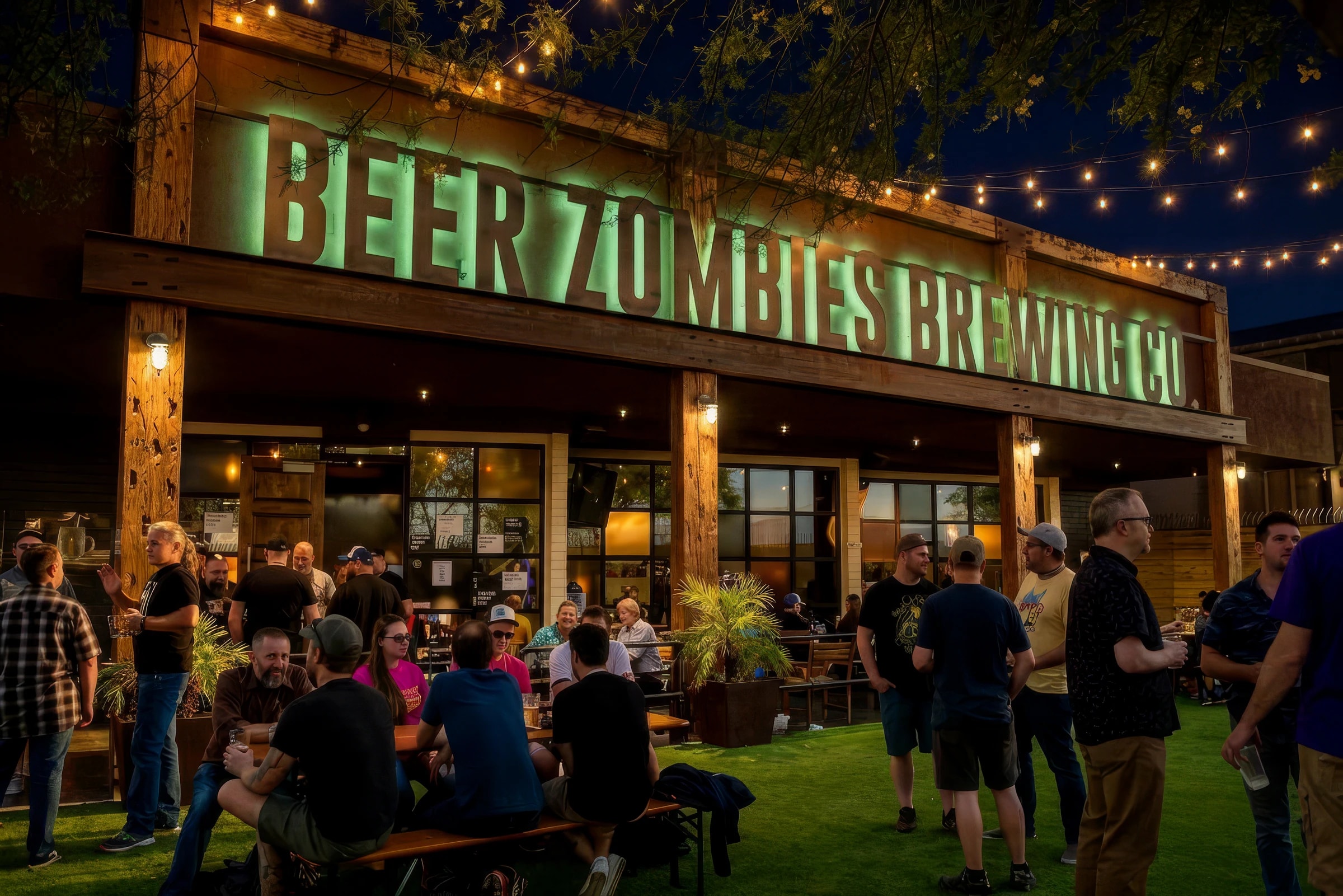 Beer Zombies Brewing Co. beer garden at night