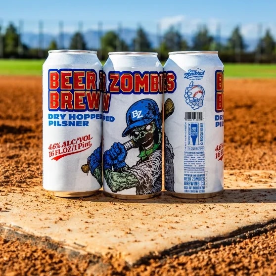 Beer Zombies Brew dry hopped pilsner cans on a baseball diamond